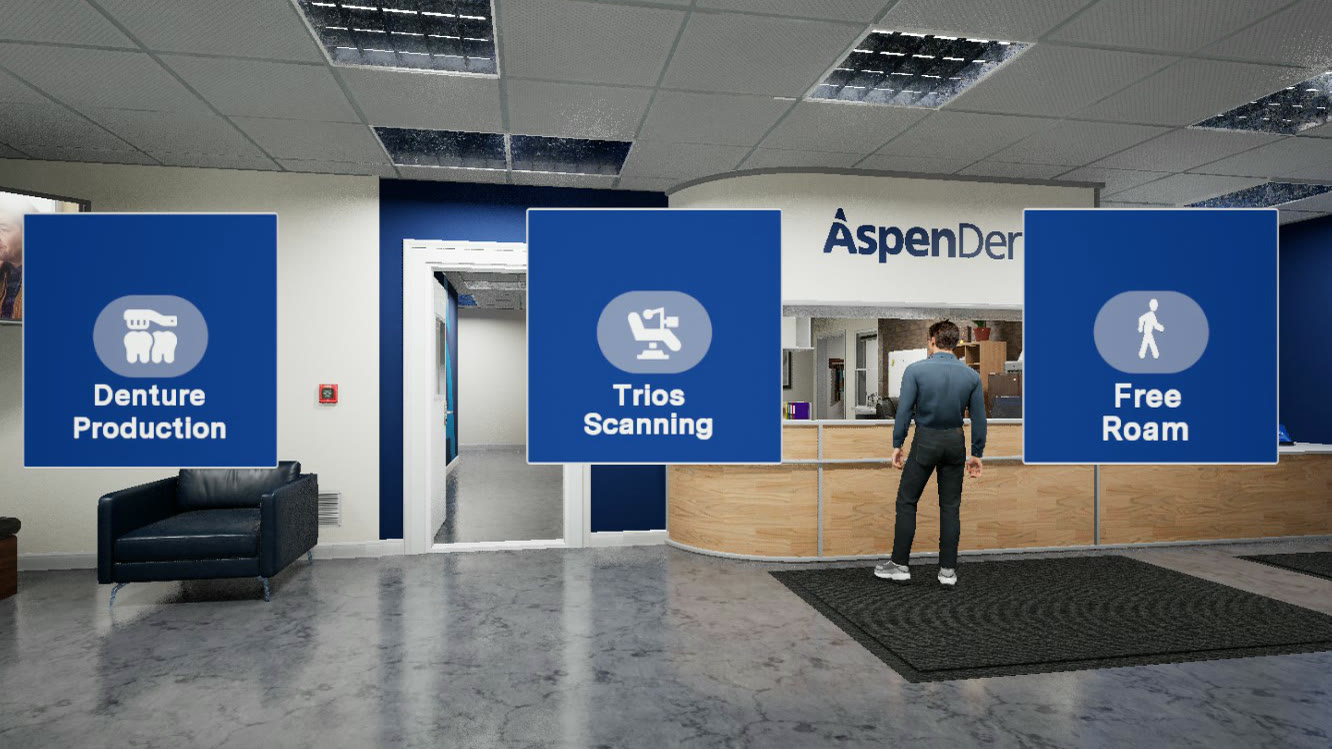Interactive virtual-tour menu built over an Aspen Dental practice interior, offering Denture Production, Trios Scanning and Free Roam as entry points from the front desk