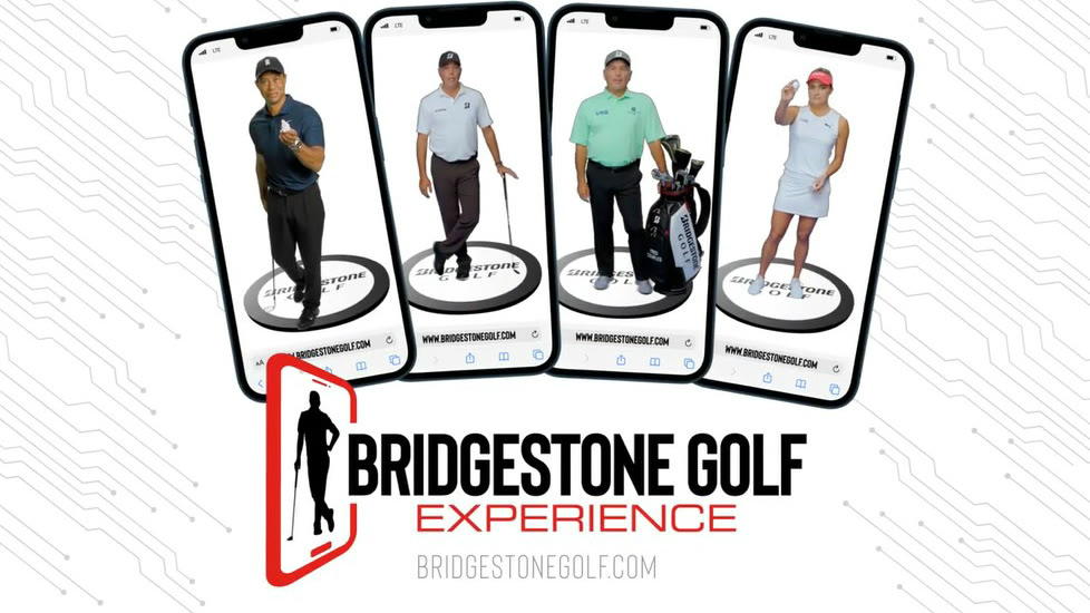Bridgestone Golf Experience key art: four phone mockups showing golfers on a virtual fitting platform, above the Bridgestone Golf Experience wordmark and site address