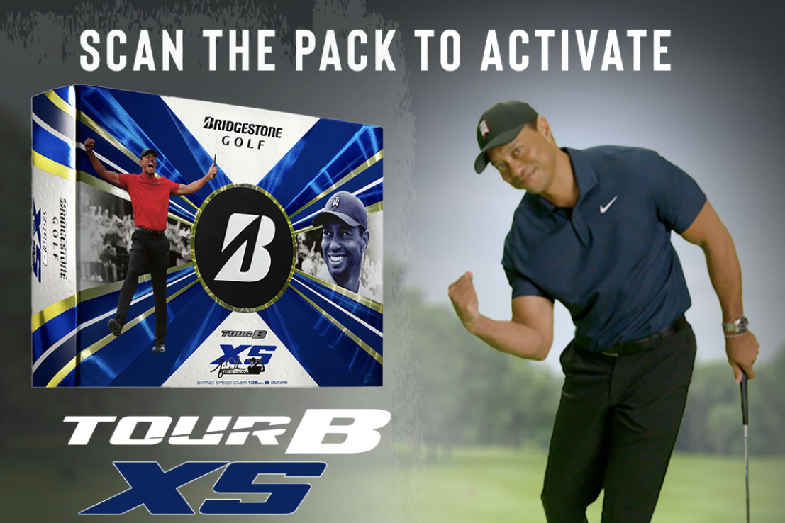 Bridgestone Golf TOUR B XS key art: the ball pack beside a player mid-celebration, under the line “Scan the pack to activate”